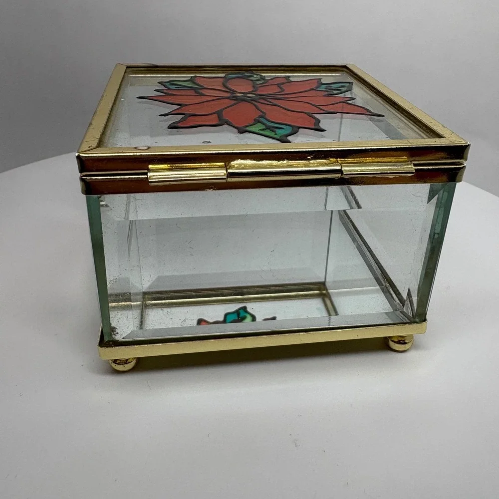 Vtg Glass Jewelry Box Poinsettia Stained Glass Hinged Keepsake Trinket Organizer